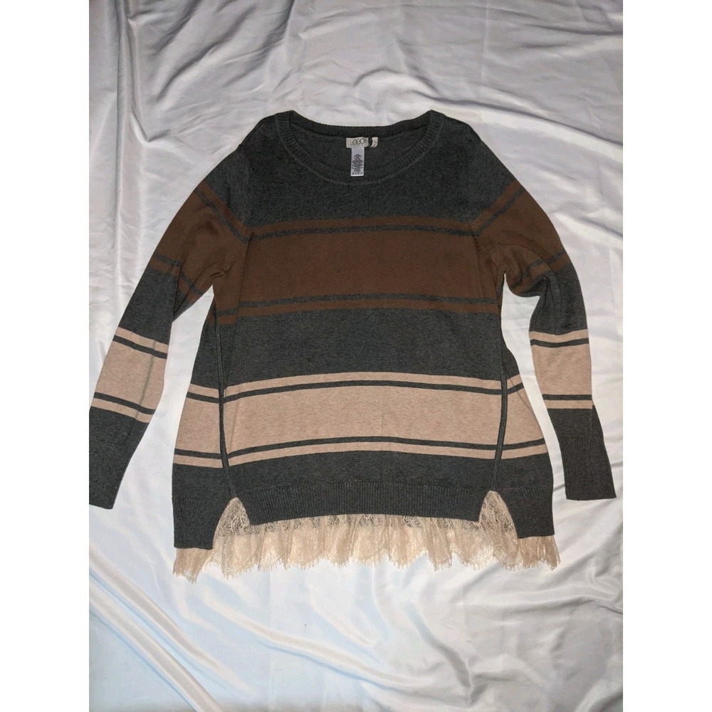 LOGO Lori Goldstein Sweater Cashmere Blend Stripes Size XL Lace Trim Boho LOGO